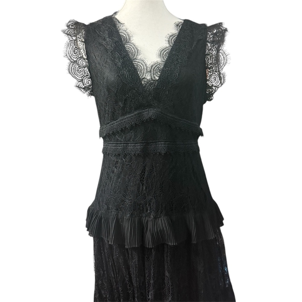 INA (i:na) black lace tiered maxi dress with short flutter lace sleeves